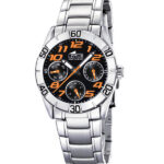 Reloj Lotus de niño en acero multifunción, con esfera negra y naranja 15650-5