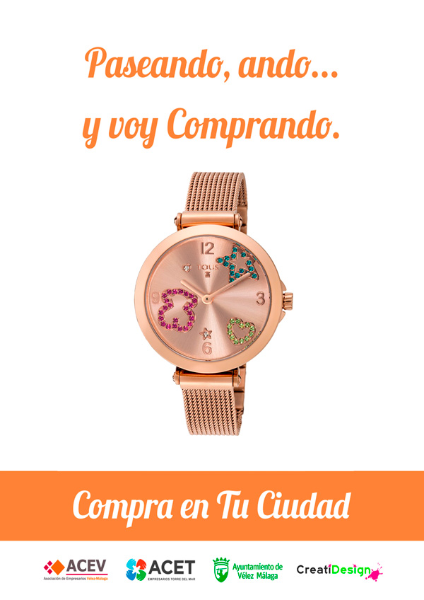 Cartel para #CompraEnTuCiudad y Joyería Miguel, con nuestro regalo, un reloj Tous Icon.