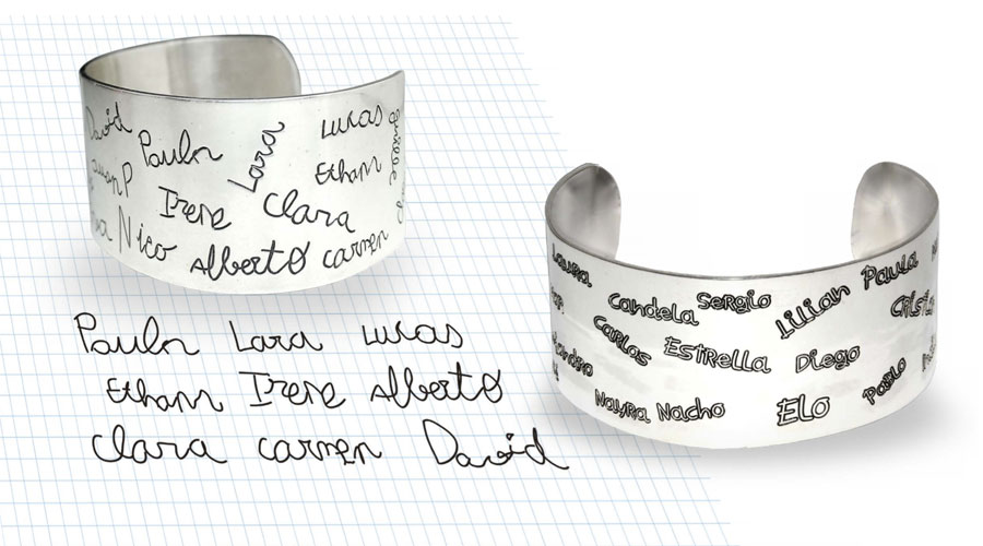 Brazalete plata para maestras y profesoras, con nombres de alumnos. Joyería Hago. Brazalete plata para maestras y profesoras, con nombres de alumnos. Joyería Hago.