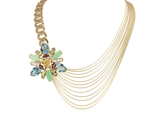 tendencias en joyas 2017: joyeria ochentera Collar con dos tipos de cadenas, y decoración en piedras grandes, de Hannibal Laguna para Luxenter.