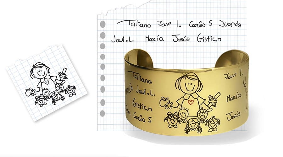 Pulsera dorada "Horizonte" con nombres de alumnos, de Joyería Hago. Pulsera dorada "Horizonte" con nombres de alumnos, de Joyería Hago.